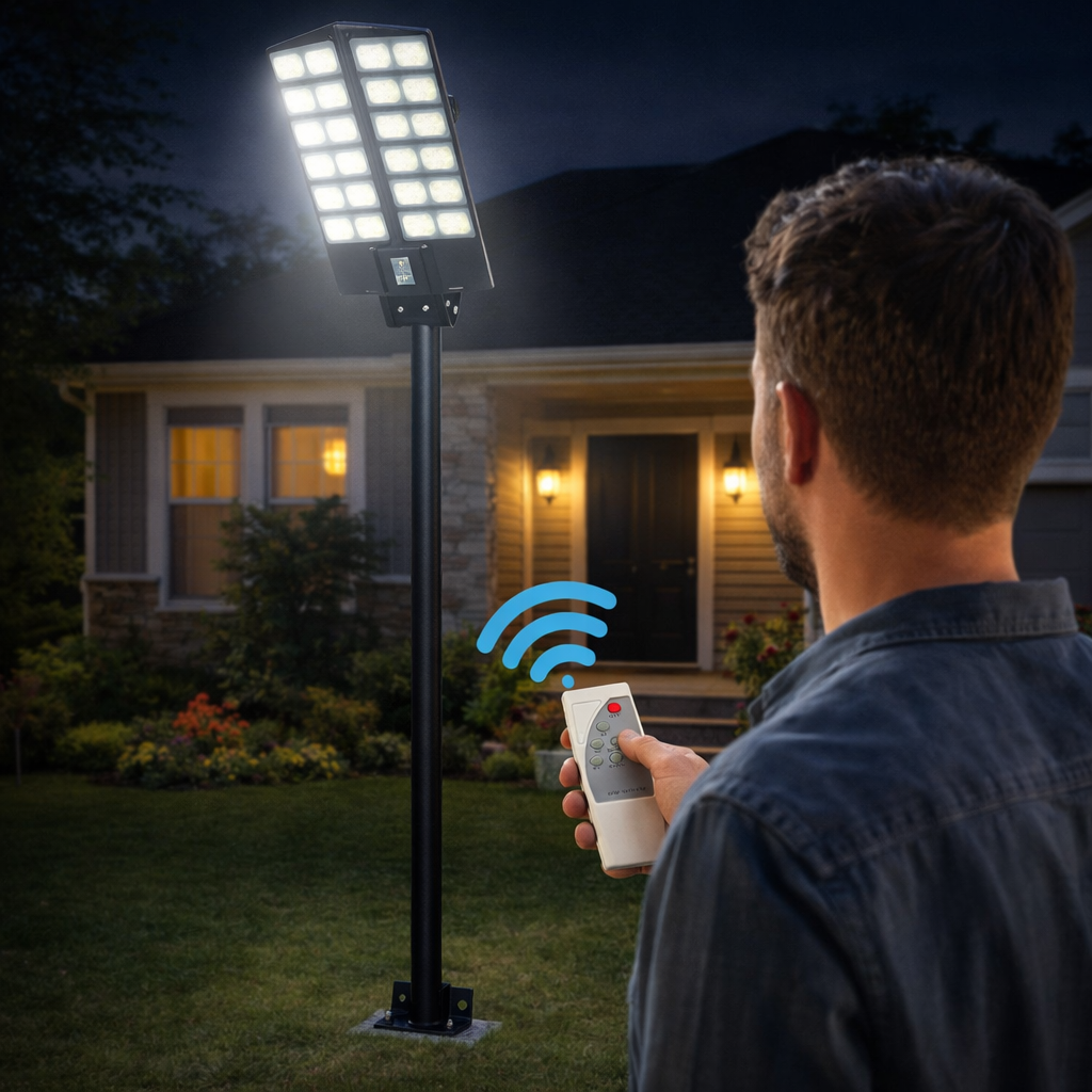 Lampione Solare LED 1500W con Telecomando – 18000mAh, Sensore Movimento, IP66 Impermeabile, Faro Stradale Esterno Alta Luminosità