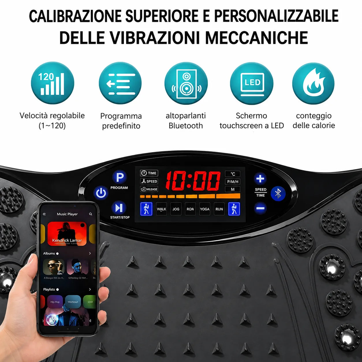 Pedana Vibrante Fitness Professionale con Bluetooth, Telecomando e Fasce Elastiche – 120 Livelli di Intensità, Allenamento Total Body, Massaggio Plantare, Tonificazione di Gambe, Glutei e Addome