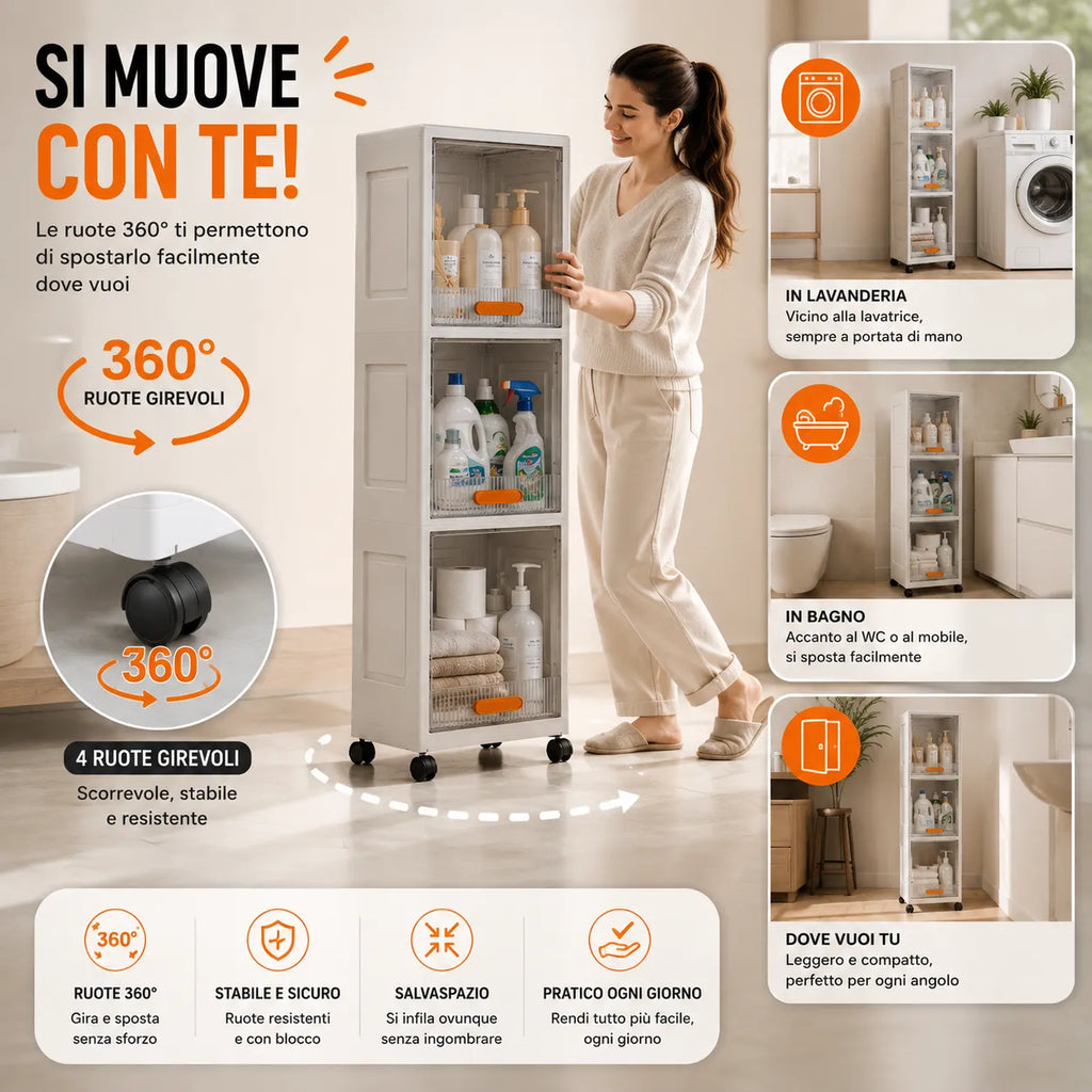 Armadio Slim Salvaspazio con Ruote 360° – Mobile Organizer Multiuso 3 Ripiani per Bagno, Cucina, Lavanderia e Casa