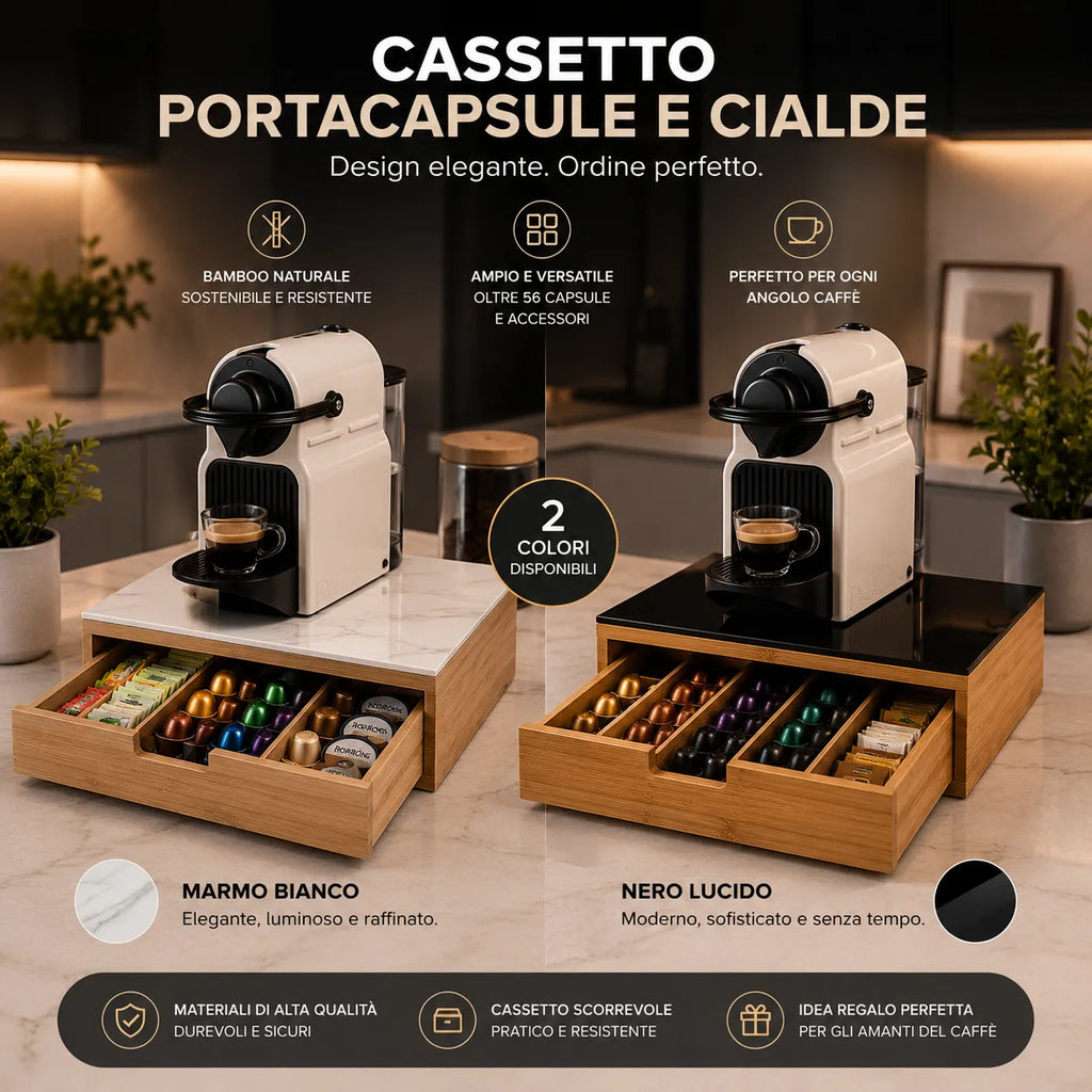 Cassetto Portacapsule e Cialde in Bamboo con Piano in Vetro – Organizer Salvaspazio per Macchina Caffè – Nero Lucido o Marmo Bianco – Fino a 56 Capsule