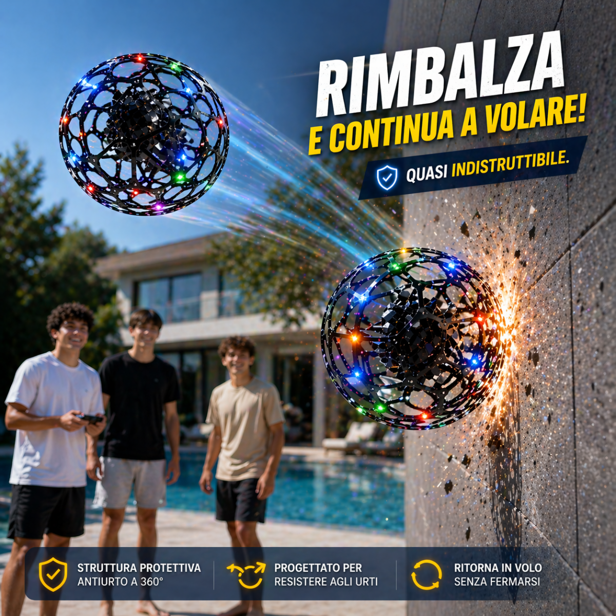 Drone S34 Football con LED Multicolor – Mini Drone a Sfera Anticollisione con Telecomando, Acrobazie 360°, Facile da Usare per Bambini e Principianti