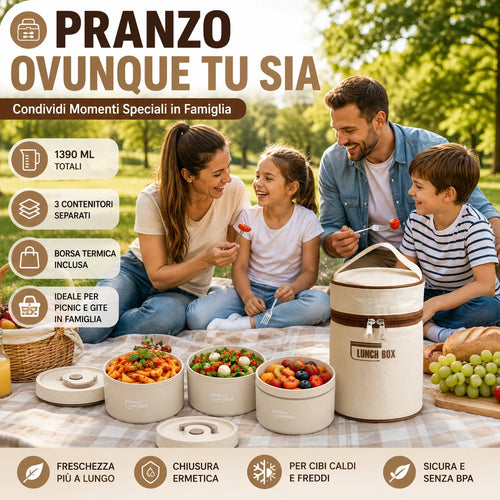 Lunch Box Termica Isotermica 1390 ML con 3 Contenitori in Acciaio Inox e Borsa Termica – Porta Pranzo con Cucchiaio e Bacchette per Ufficio, Scuola, Viaggi e Meal Prep