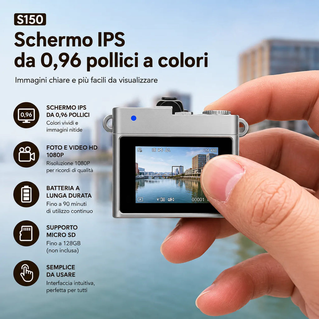 Mini Fotocamera Portachiavi HD 1080P – Nano Camera Retrò con Schermo IPS 0,96", Batteria Ricaricabile e Supporto TF fino a 128GB