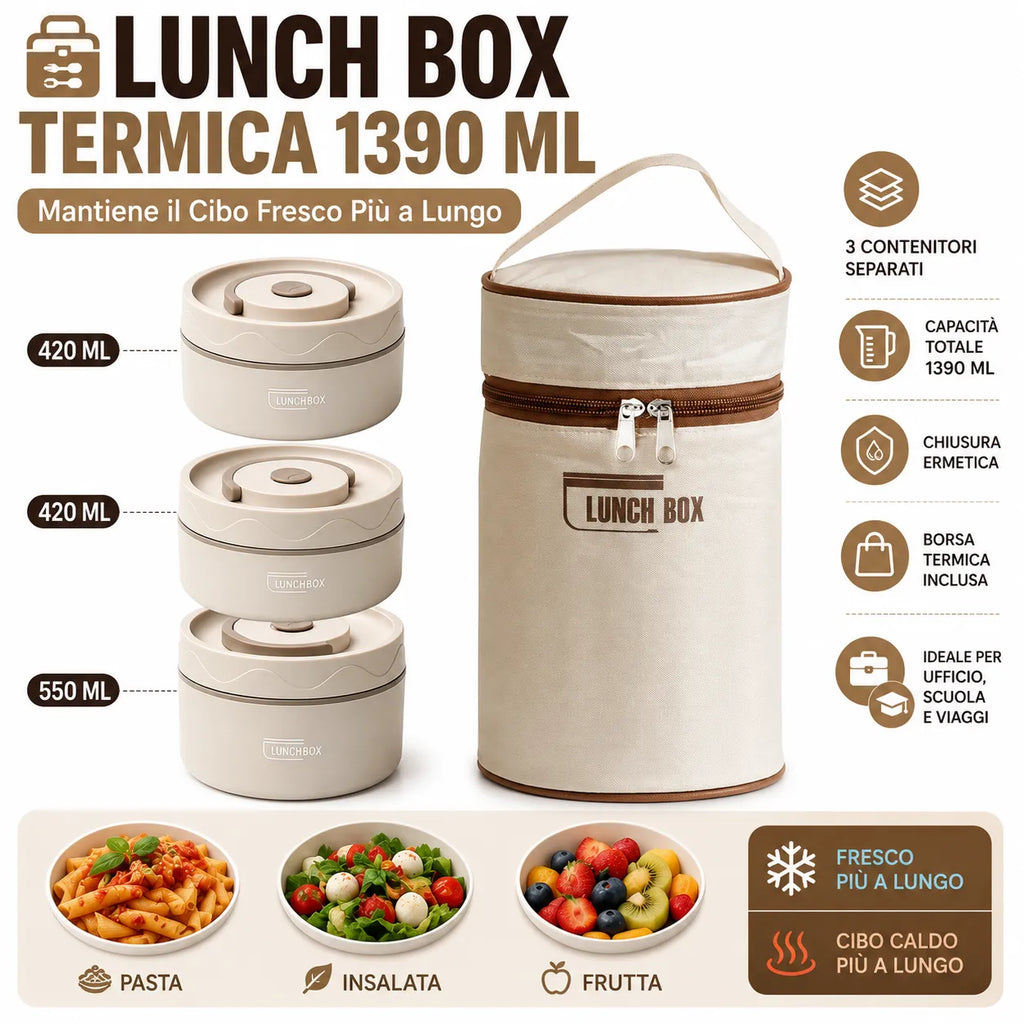 Lunch Box Termica Isotermica 1390 ML con 3 Contenitori in Acciaio Inox e Borsa Termica – Porta Pranzo con Cucchiaio e Bacchette per Ufficio, Scuola, Viaggi e Meal Prep