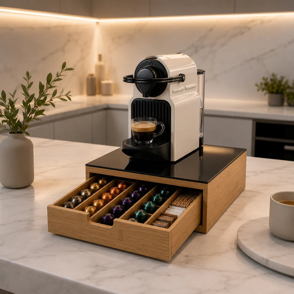 Cassetto Portacapsule e Cialde in Bamboo con Piano in Vetro – Organizer Salvaspazio per Macchina Caffè – Nero Lucido o Marmo Bianco – Fino a 56 Capsule