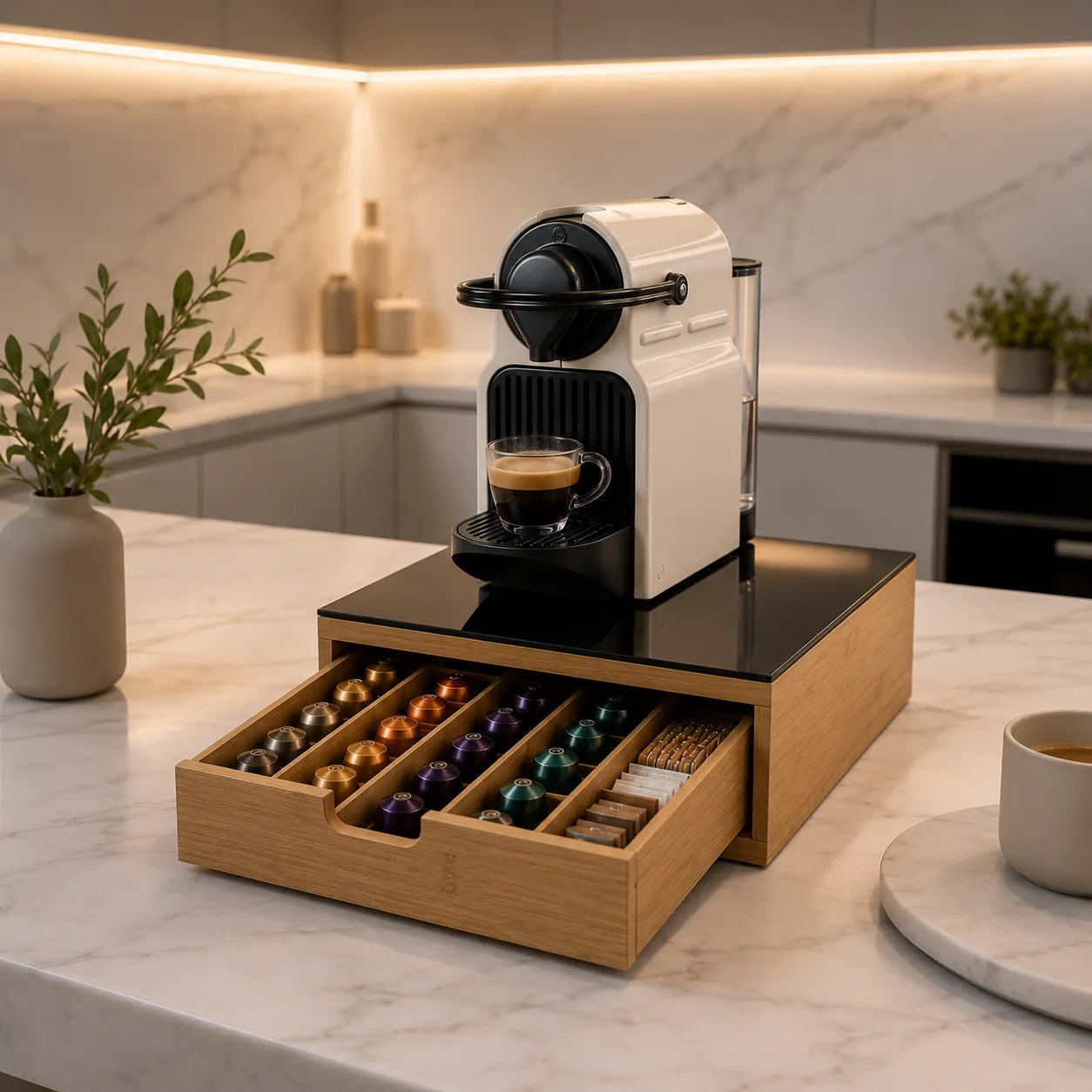 Cassetto Portacapsule e Cialde in Bamboo con Piano in Vetro – Organizer Salvaspazio per Macchina Caffè – Nero Lucido o Marmo Bianco – Fino a 56 Capsule