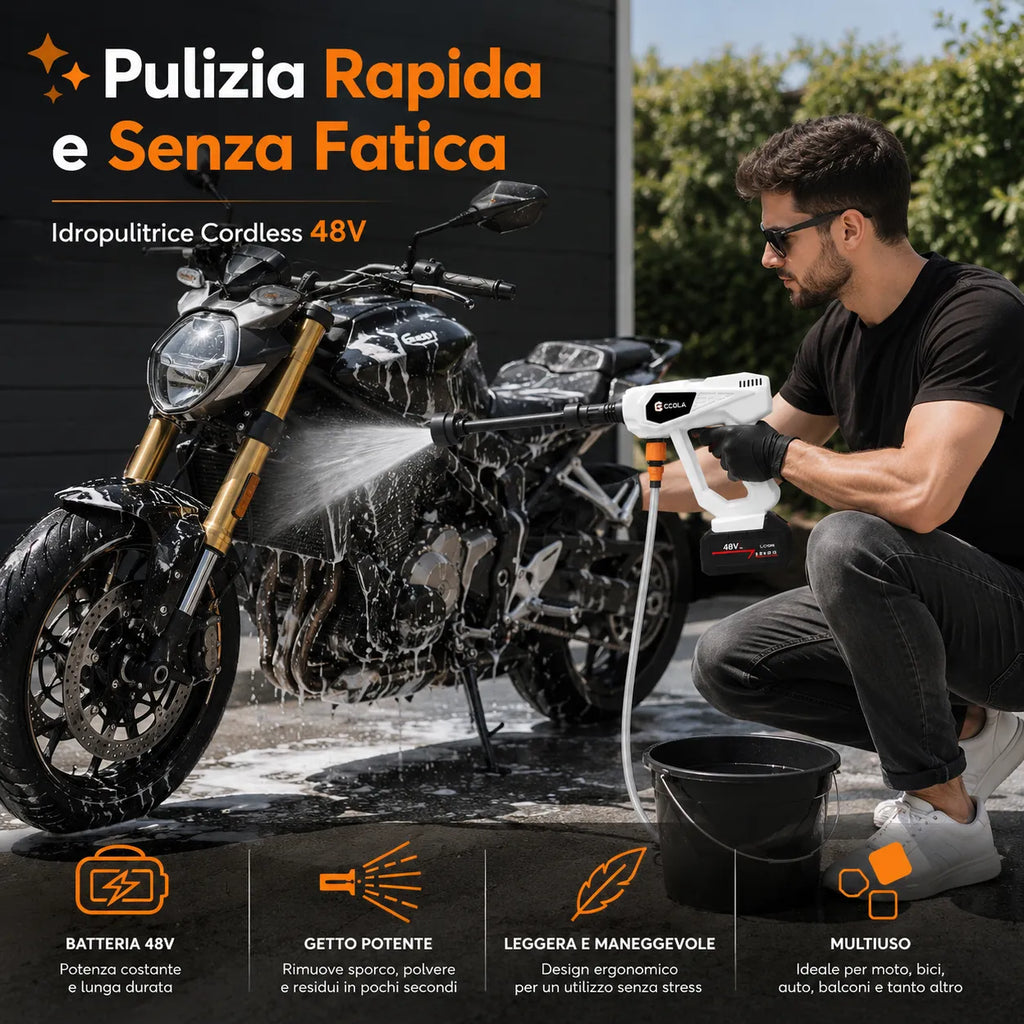 Idropulitrice Cordless 48V con 2 Batterie, Ugello 6 in 1 e Schiumogeno – Pistola ad Alta Pressione Portatile per Auto, Moto, Giardino, Tapparelle e Balconi
