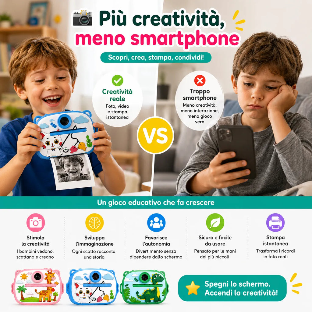 Mini Fotocamera Bambini con Stampa Istantanea – Foto e Video HD – Mini Camera Digitale Educativa con Giochi e Musica – Regalo Perfetto per Bambini e Bambine