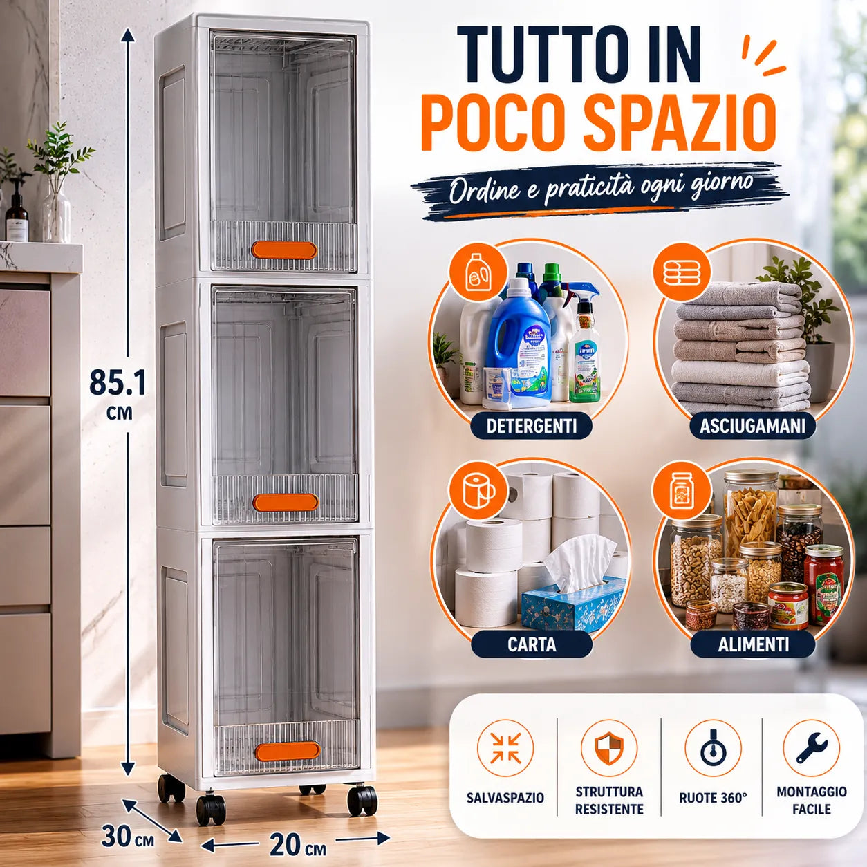 Armadio Slim Salvaspazio con Ruote 360° – Mobile Organizer Multiuso 3 Ripiani per Bagno, Cucina, Lavanderia e Casa
