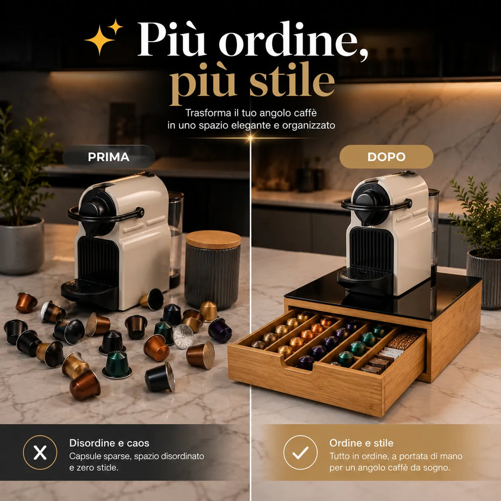 Cassetto Portacapsule e Cialde in Bamboo con Piano in Vetro – Organizer Salvaspazio per Macchina Caffè – Nero Lucido o Marmo Bianco – Fino a 56 Capsule