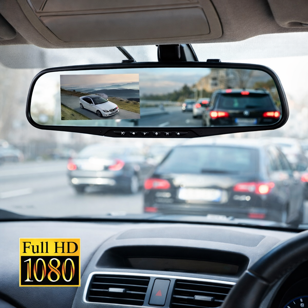 Telecamera per Auto Specchietto Retrovisore 4.3” Full HD 1080P – Dash Cam con Doppia Lente, Visione Notturna