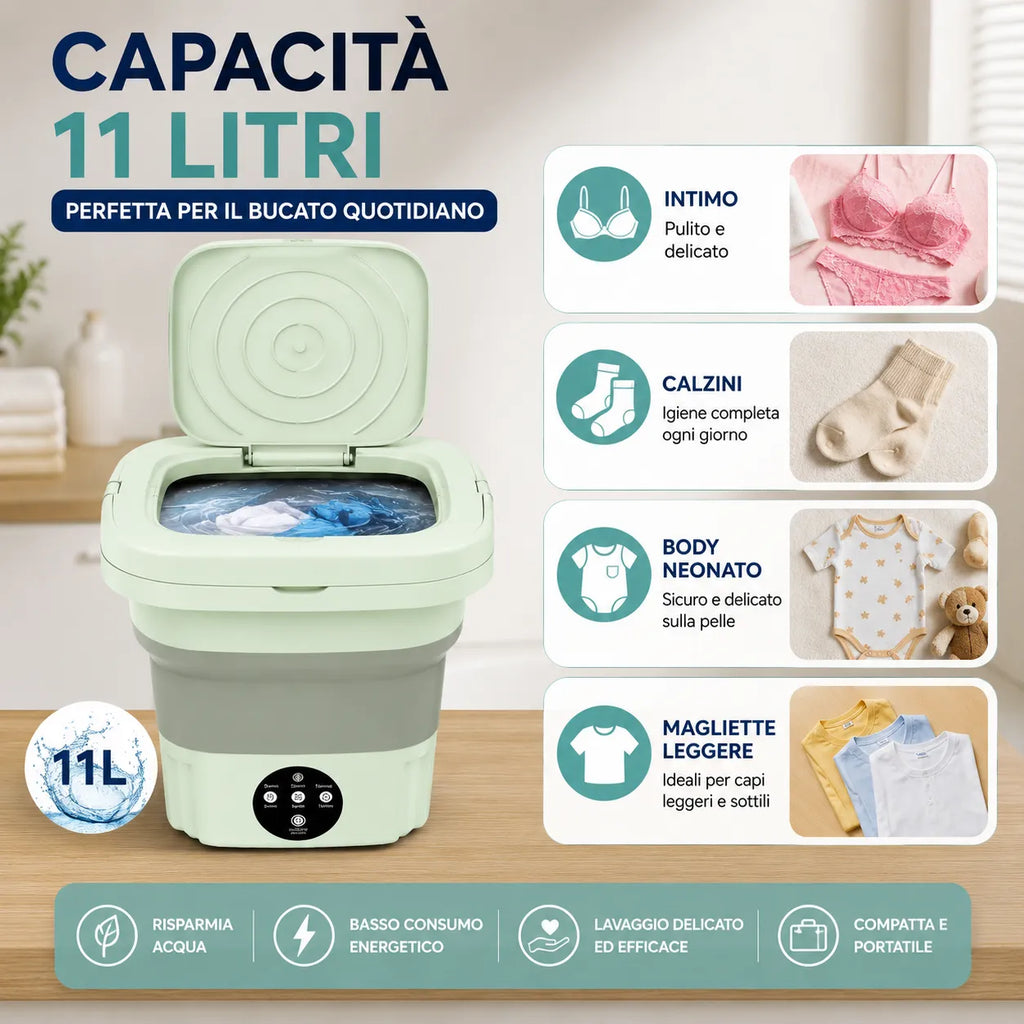 Mini Lavatrice Pieghevole Portatile 11L Multifunzione | Lavatrice Compatta da Campeggio e Viaggio | Cestello di Scarico Incluso