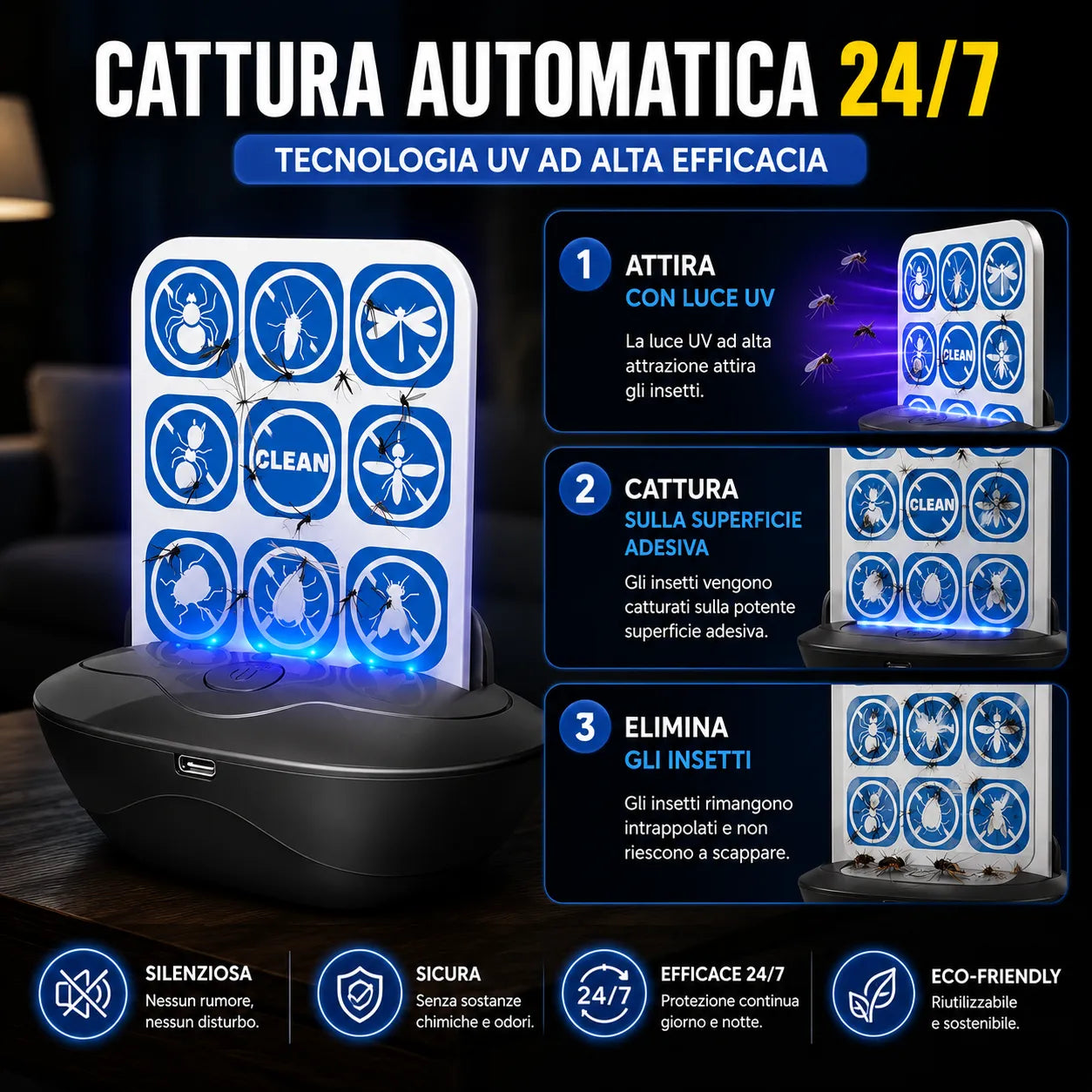 Trappola UV per Zanzare e Insetti Ricaricabile USB – Cattura Adesiva Silenziosa Senza Spray – Sicura per Bambini e Animali – Ideale per Casa, Camera da Letto, Balcone, Terrazza e Campeggio