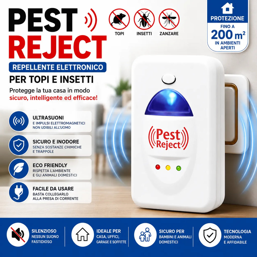 Pest Reject – Repellente Elettronico a Ultrasuoni per Topi, Scarafaggi, Formiche e Insetti – Protezione Continua 24/7 per Casa, Ufficio e Garage