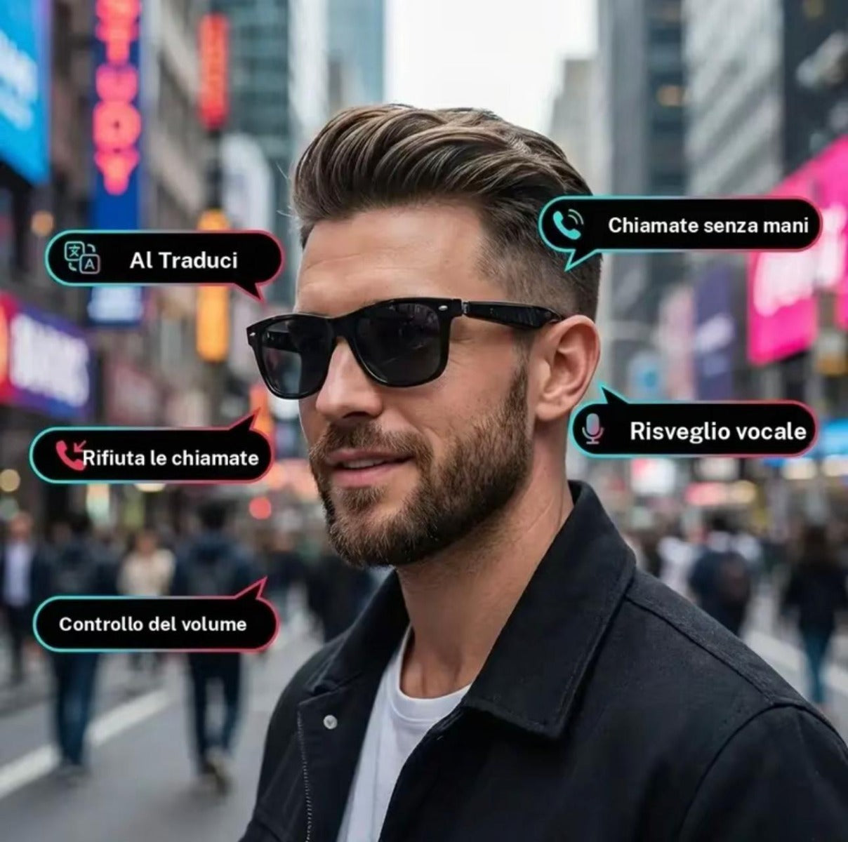 Occhiali Smart Audio Wireless con Assistente AI – Traduzione Vocale, Chiamate e Musica – Microfono Integrato