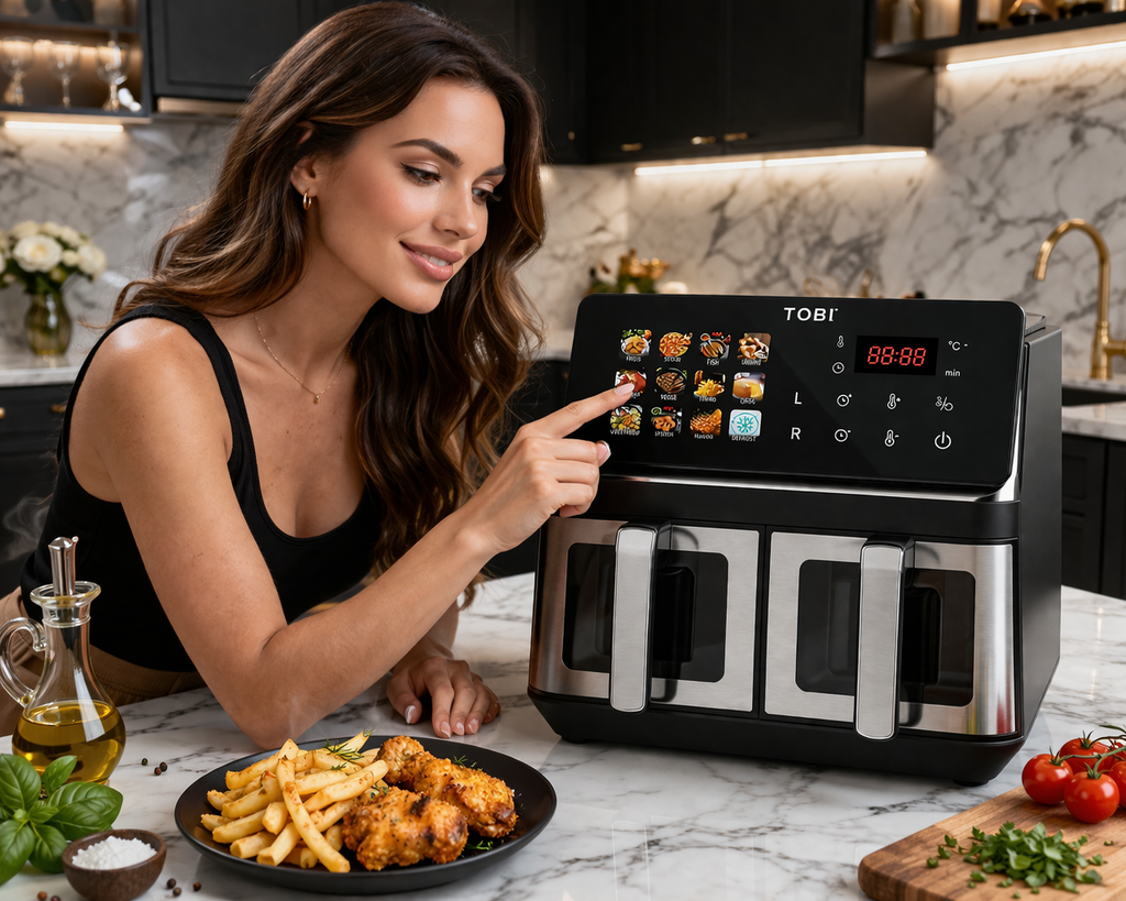 Friggitrice ad Aria Doppio Cestello 15L TOBI TB-969 – 2400W con Display Touch Full Color, 2 Zone di Cottura Indipendenti, Timer e Programmi Automatici