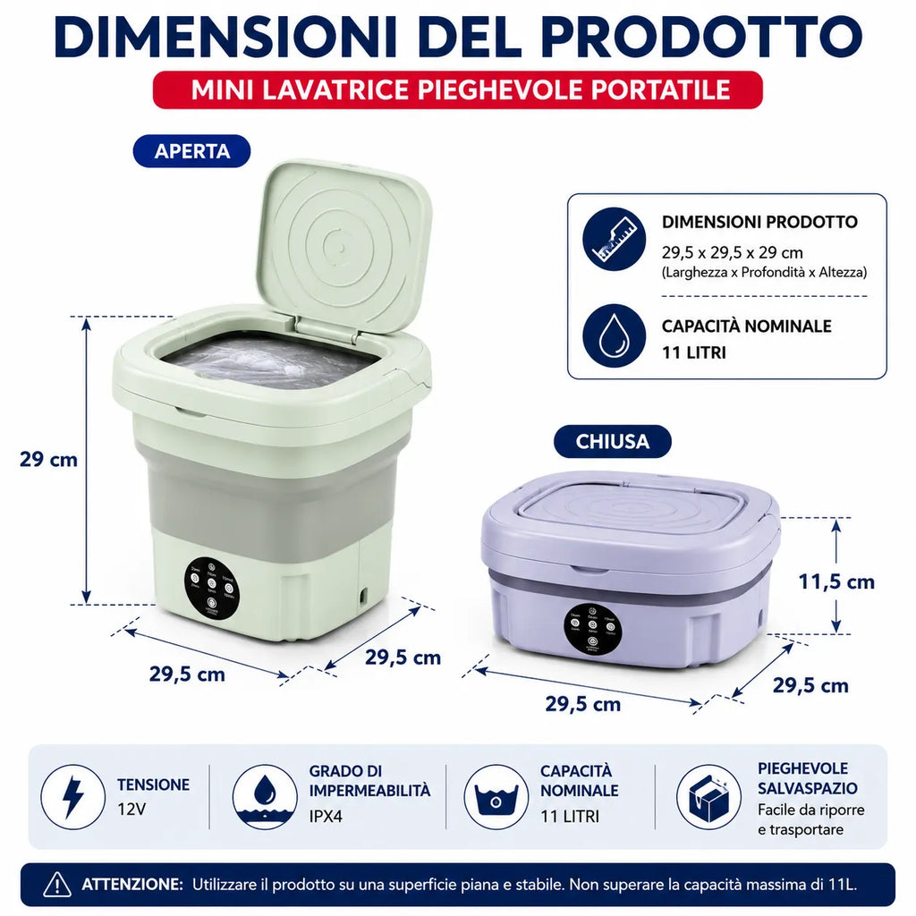 Mini Lavatrice Pieghevole Portatile 11L Multifunzione | Lavatrice Compatta da Campeggio e Viaggio | Cestello di Scarico Incluso