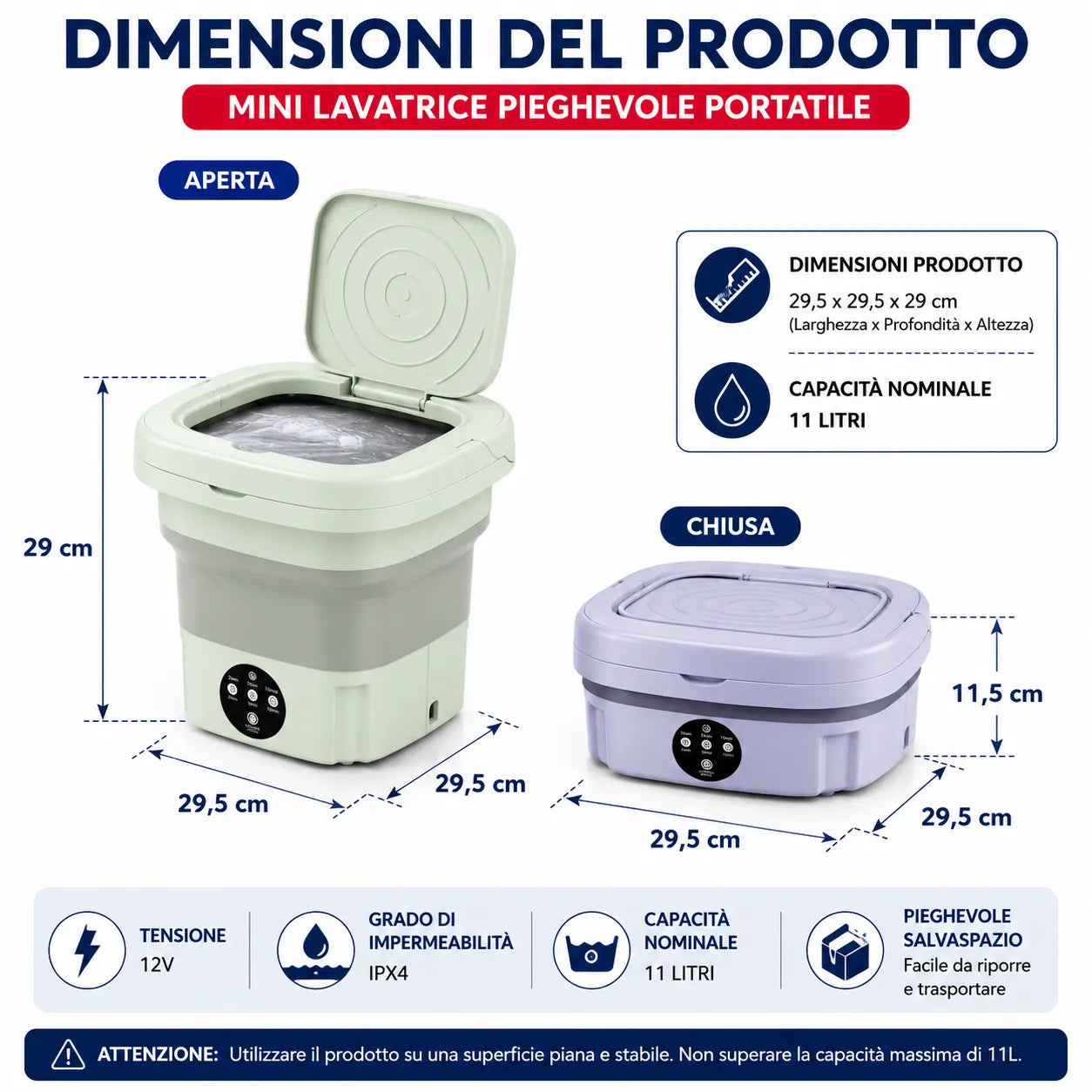 Mini Lavatrice Pieghevole Portatile 11L Multifunzione | Lavatrice Compatta da Campeggio e Viaggio | Cestello di Scarico Incluso