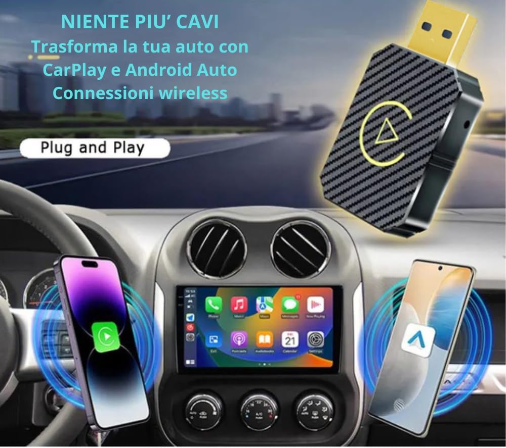 Adattatore Wireless per CarPlay e Android Auto – Da Cablato a Wireless, Plug & Play, USB-C/USB-A, Mini, Nero
