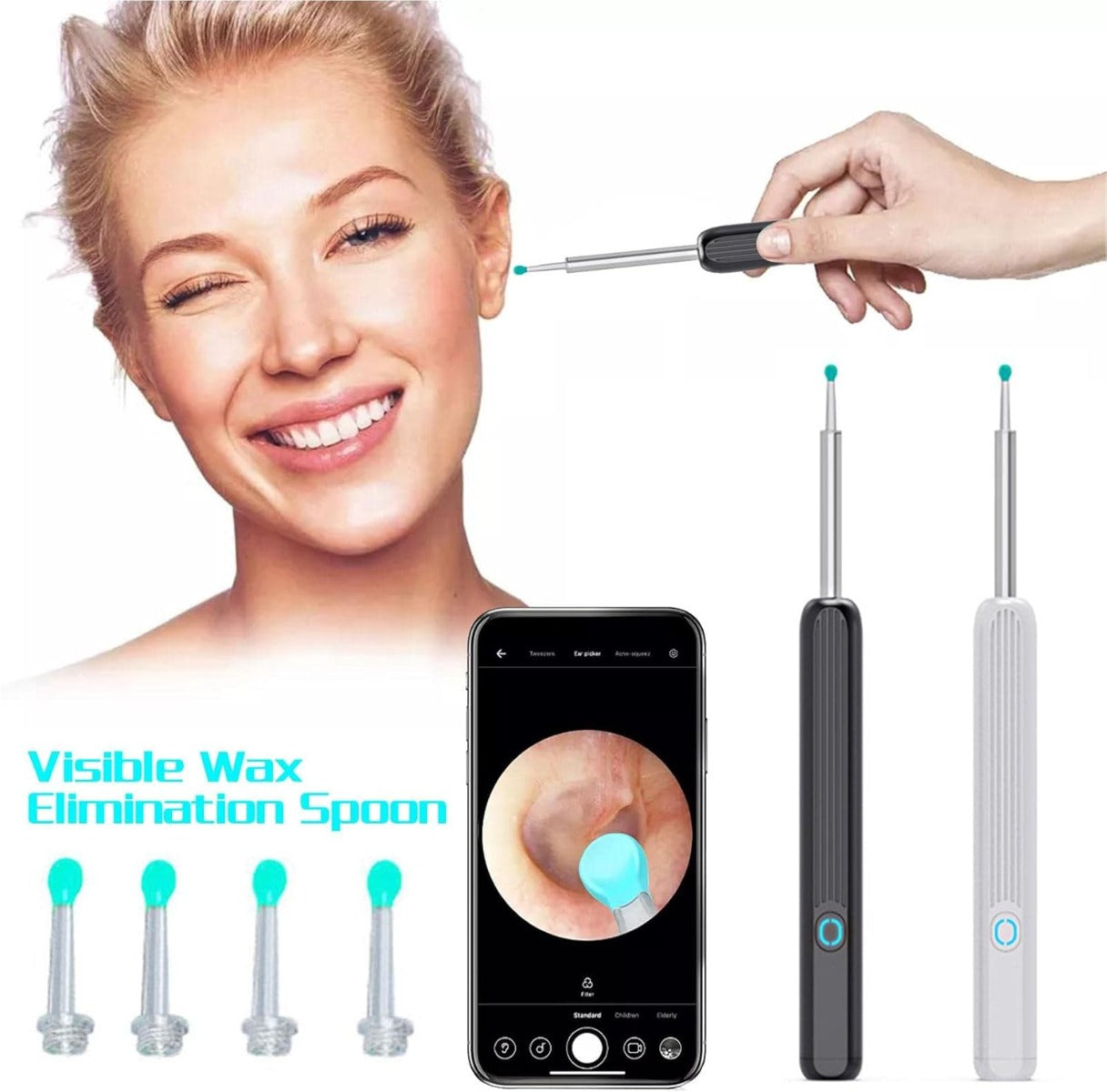 Kit di Pulizia delle Orecchie con Fotocamera HD 1080P, 4 Modalità di Luce e Ricarica USB