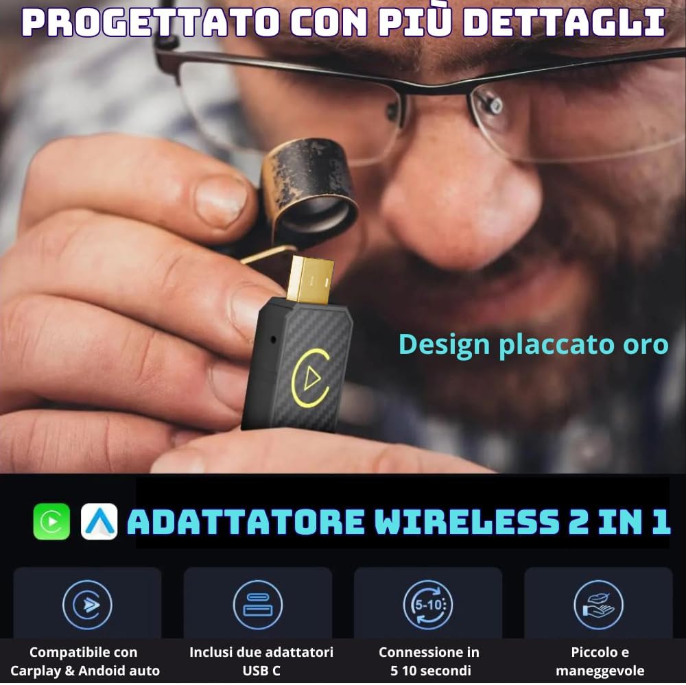 Adattatore Wireless per CarPlay e Android Auto – Da Cablato a Wireless, Plug & Play, USB-C/USB-A, Mini, Nero