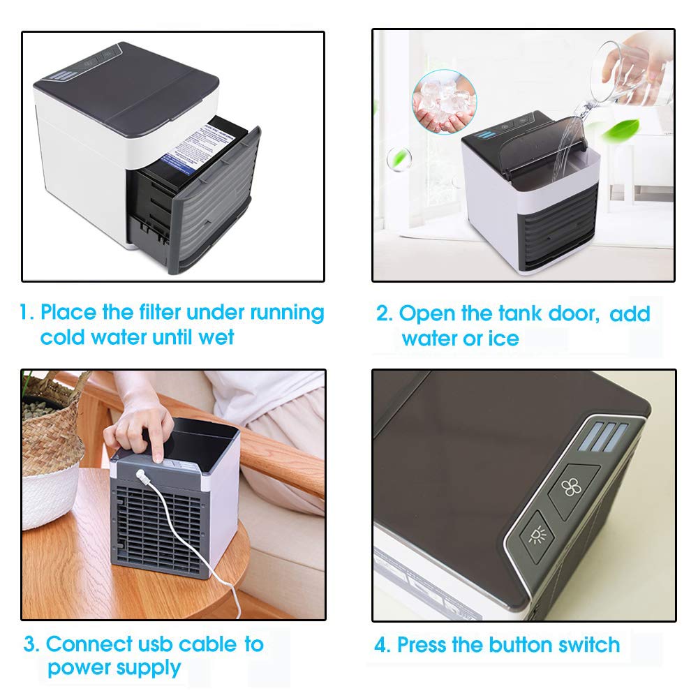 Mini Raffreddatore D'aria USB Condizionatori Portatili Personale Air Cooler 3 in 1 Evaporativo Umidificatore Purificatore con 3 Velocità 7 Colori Luce per Casa Ufficio