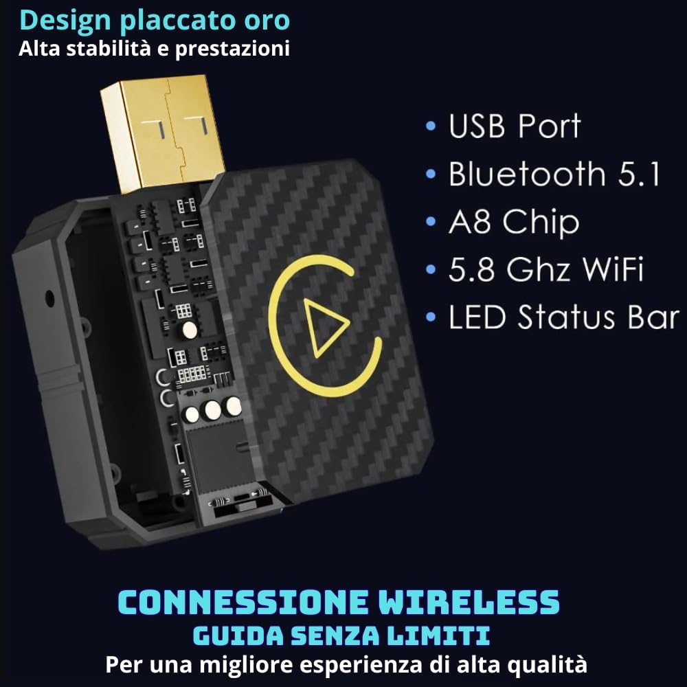 Adattatore Wireless per CarPlay e Android Auto – Da Cablato a Wireless, Plug & Play, USB-C/USB-A, Mini, Nero