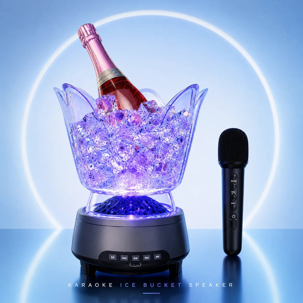 Secchiello Ghiaccio Karaoke Bluetooth con Microfono Wireless RGB – Ice Bucket Speaker LED Portatile per Feste, Spiaggia e Aperitivi – Effetti Luminosi Multicolor