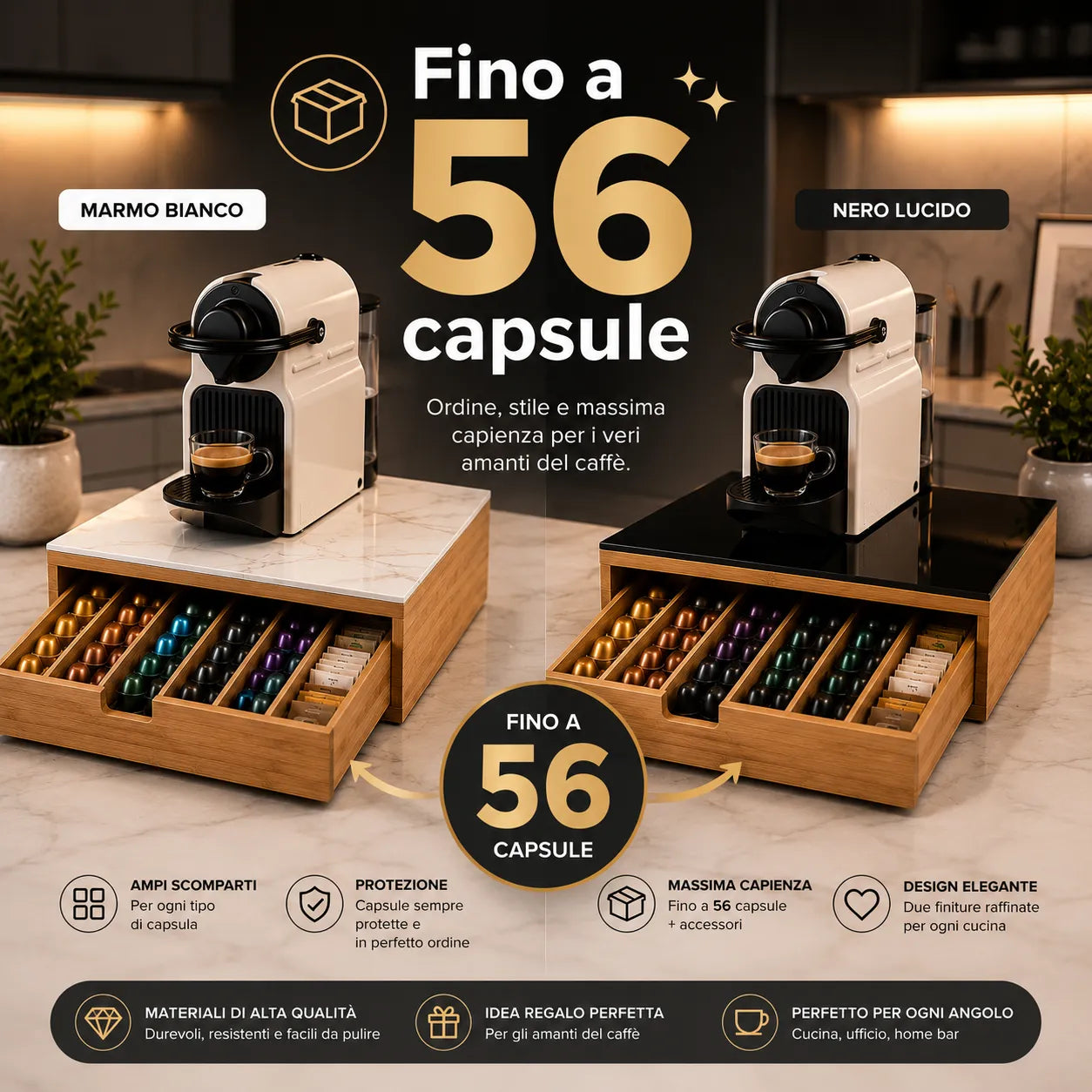 Cassetto Portacapsule e Cialde in Bamboo con Piano in Vetro – Organizer Salvaspazio per Macchina Caffè – Nero Lucido o Marmo Bianco – Fino a 56 Capsule