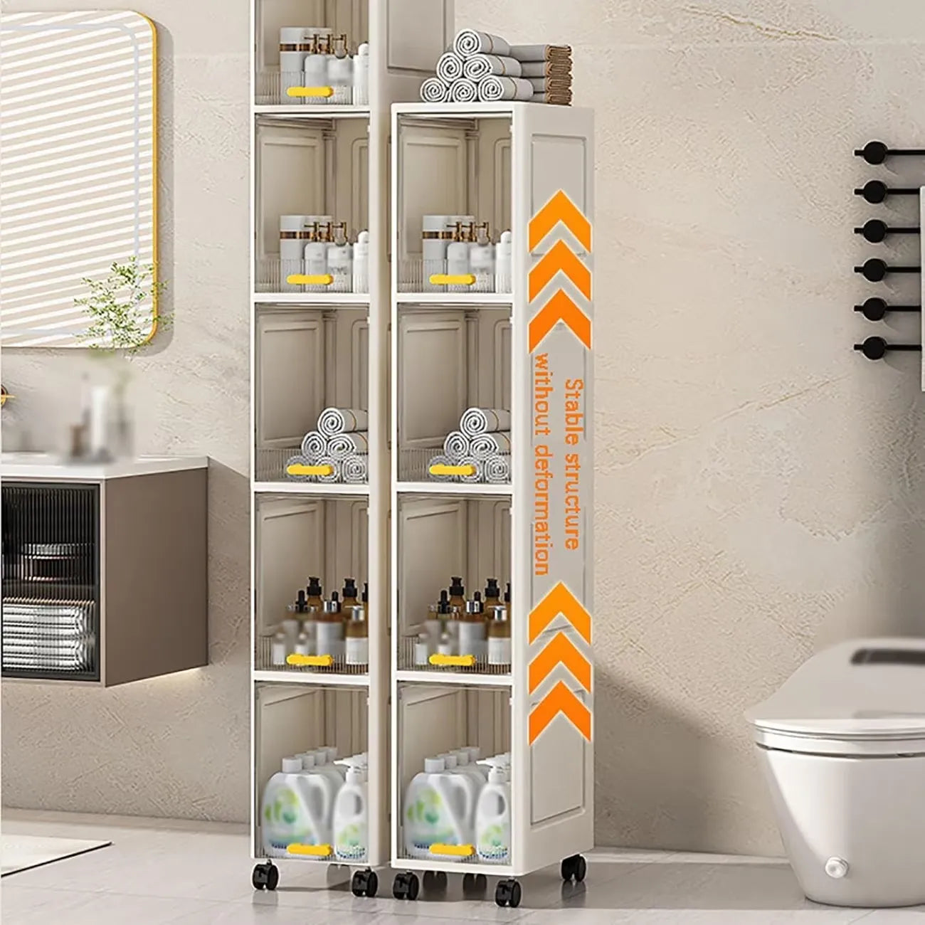 Mobile Salvaspazio Slim a 4 Ripiani con Ruote – Scaffale Stretto Multiuso con Ante Antipolvere – Organizzatore per Bagno, Cucina, Lavanderia e Ripostiglio