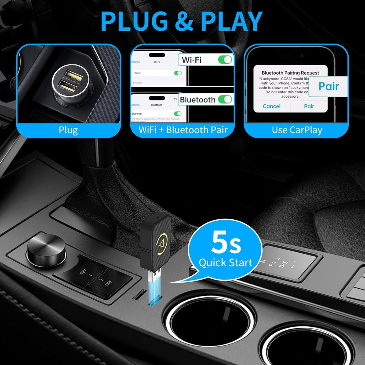 Adattatore Wireless per CarPlay e Android Auto – Da Cablato a Wireless, Plug & Play, USB-C/USB-A, Mini, Nero