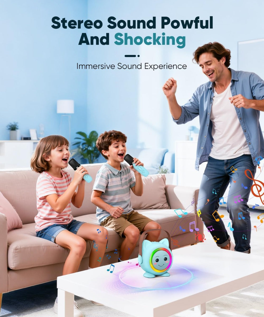 Mini Karaoke Portatile per Bambini con 2 Microfoni Wireless e Luci LED