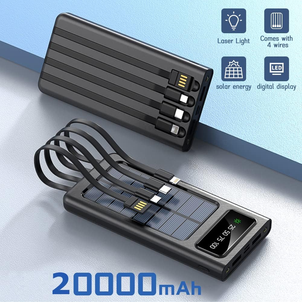 Power Bank Solare 20000mAh Ultra Capacità - Ricarica Super Veloce USB 4 in 1 con Display LED e Torcia LED Integrata