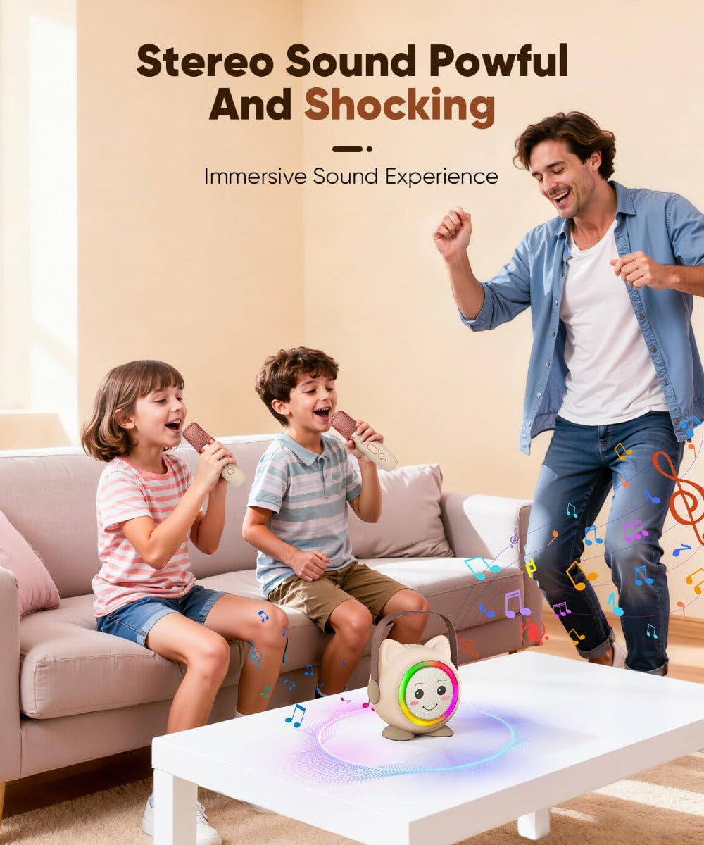 Mini Karaoke Portatile per Bambini con 2 Microfoni Wireless e Luci LED