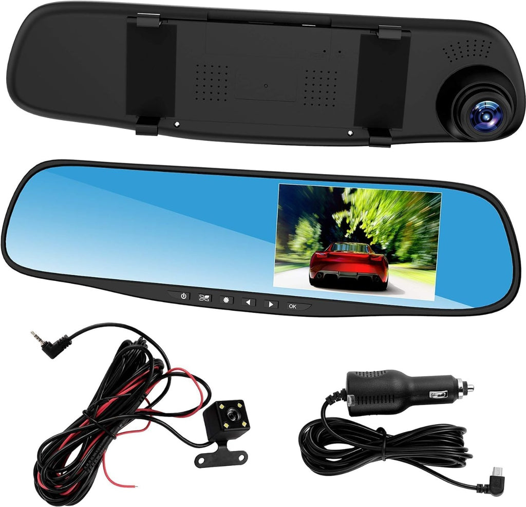 Specchietto Retrovisore Digitale 4.3" con Doppia Telecamera Full HD, Registrazione Video Anteriore e Posteriore, Motion Detection, Retrocamera Inclusa