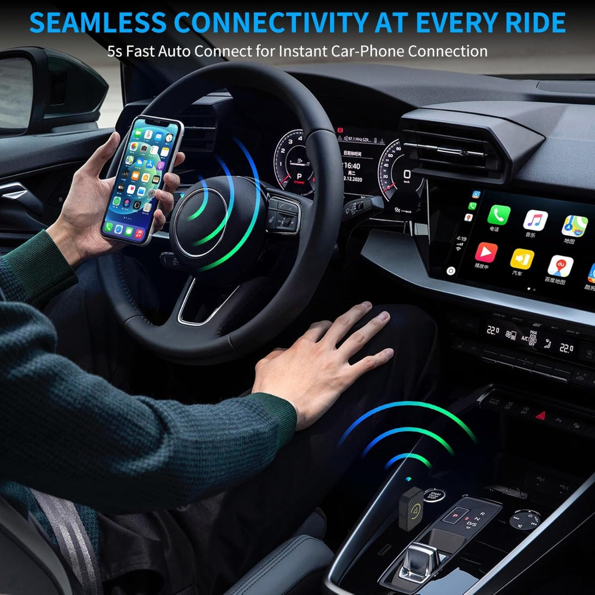 Adattatore Wireless per CarPlay e Android Auto – Da Cablato a Wireless, Plug & Play, USB-C/USB-A, Mini, Nero