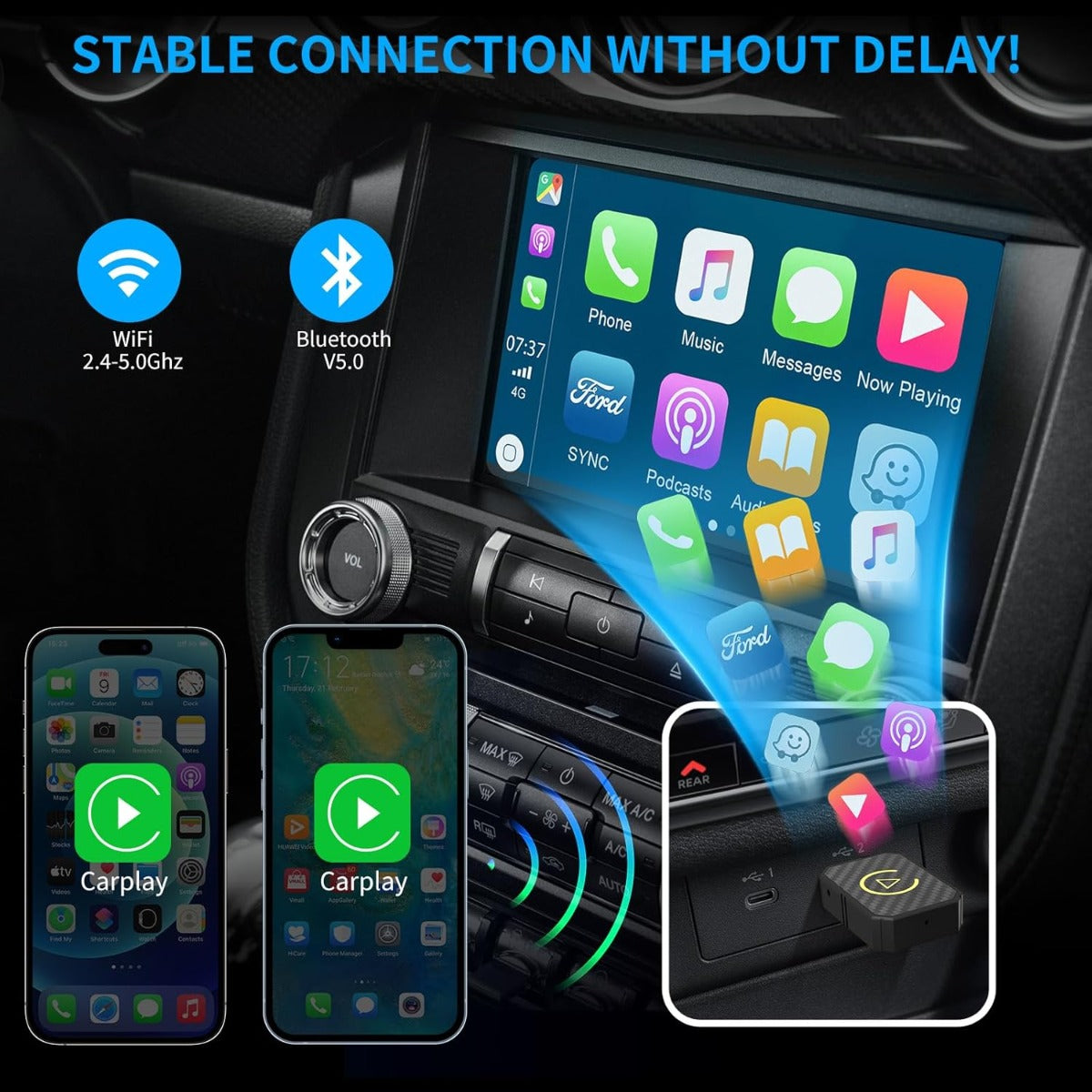 Adattatore Wireless per CarPlay e Android Auto – Da Cablato a Wireless, Plug & Play, USB-C/USB-A, Mini, Nero