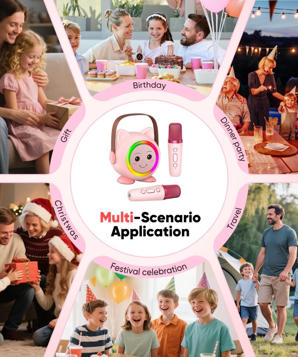 Mini Karaoke Portatile per Bambini con 2 Microfoni Wireless e Luci LED