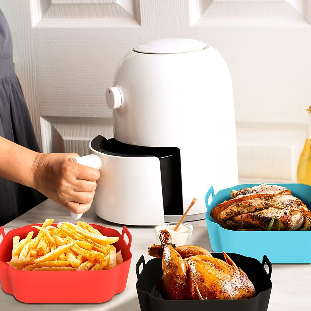 5 pz Cestino in silicone misura MAXI XXL Quadrati per friggitrici ad aria riutilizzabile e antiaderente adatto per forno forno a microonde cottura a vapore