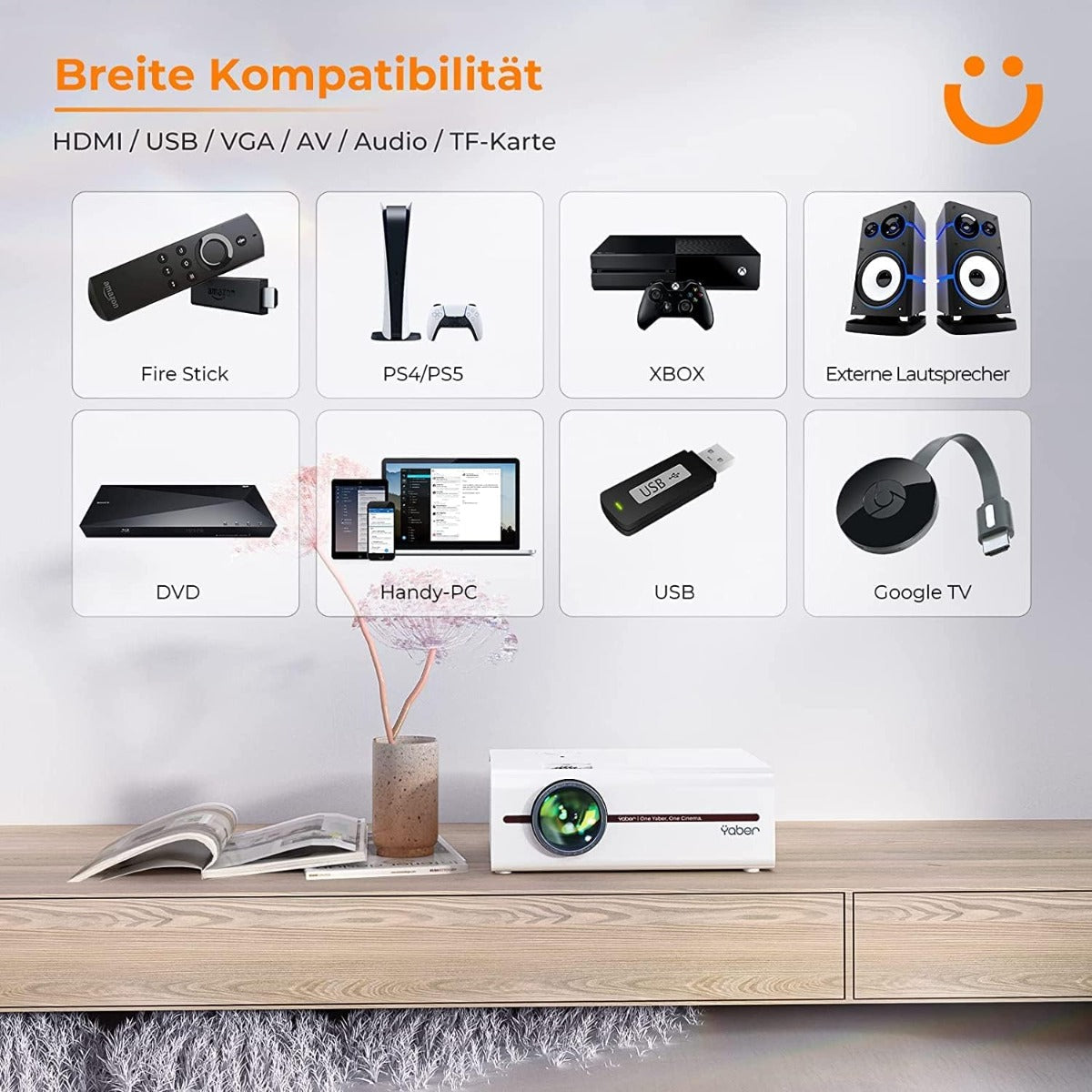 Proiettore Portatile Bluetooth Full HD 1080P – Compatibile con Smartphone iOS e Android, HDMI e USB, Mini Home Cinema
