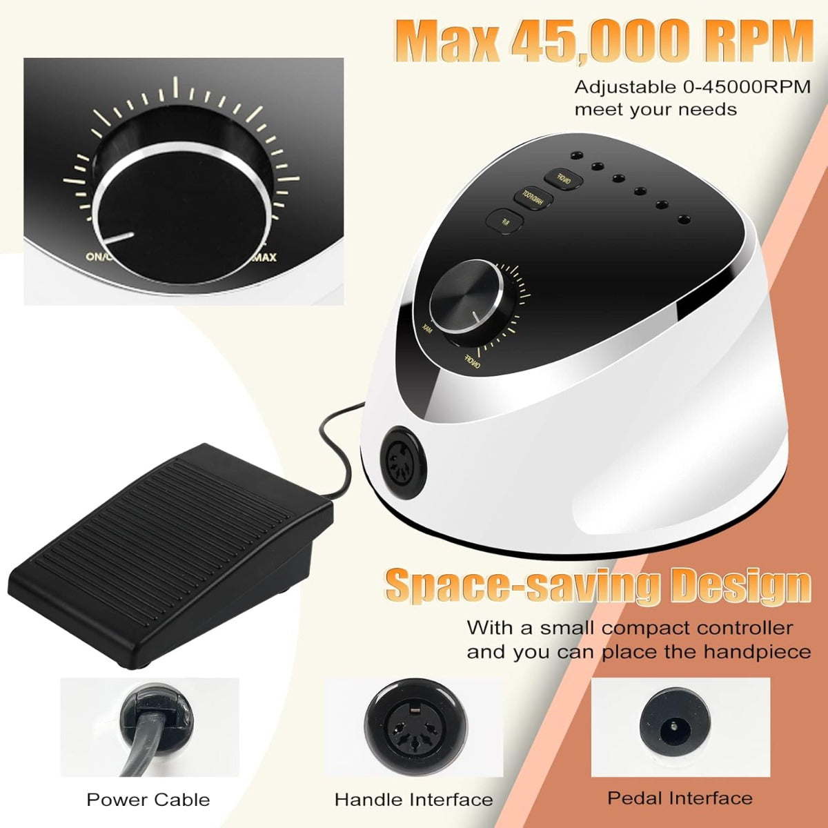 Fresa per Unghie Professionale 35000 Giri – Trapano Elettrico per Manicure e Pedicure con Pedale, Display LED, Punte e Bande Abrasive