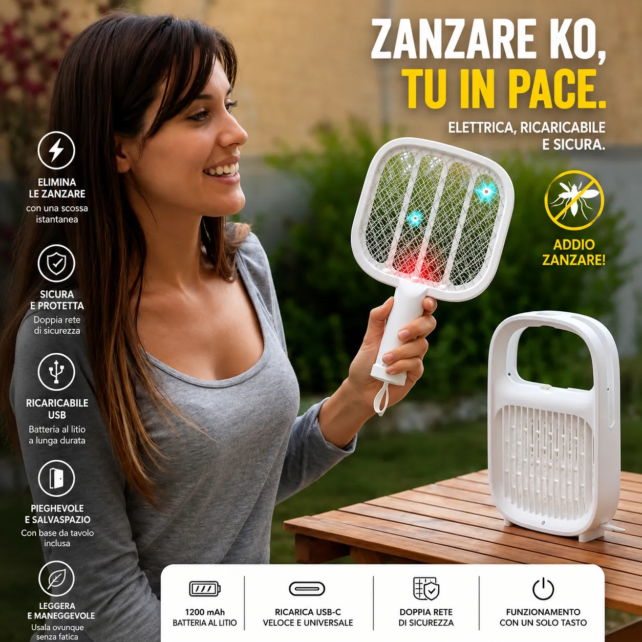 Lampada antizanzare e Racchetta Elettrica per Insetti Ricaricabile 2 in 1