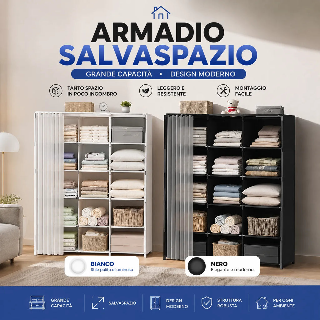 Armadio Guardaroba Salvaspazio con Tenda Scorrevole 155x80x28 cm – Organizzatore Multiuso per Camera, Cameretta e Lavanderia