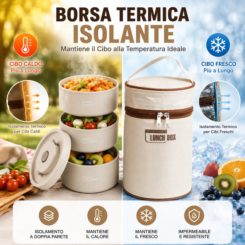 Lunch Box Termica Isotermica 1390 ML con 3 Contenitori in Acciaio Inox e Borsa Termica – Porta Pranzo con Cucchiaio e Bacchette per Ufficio, Scuola, Viaggi e Meal Prep
