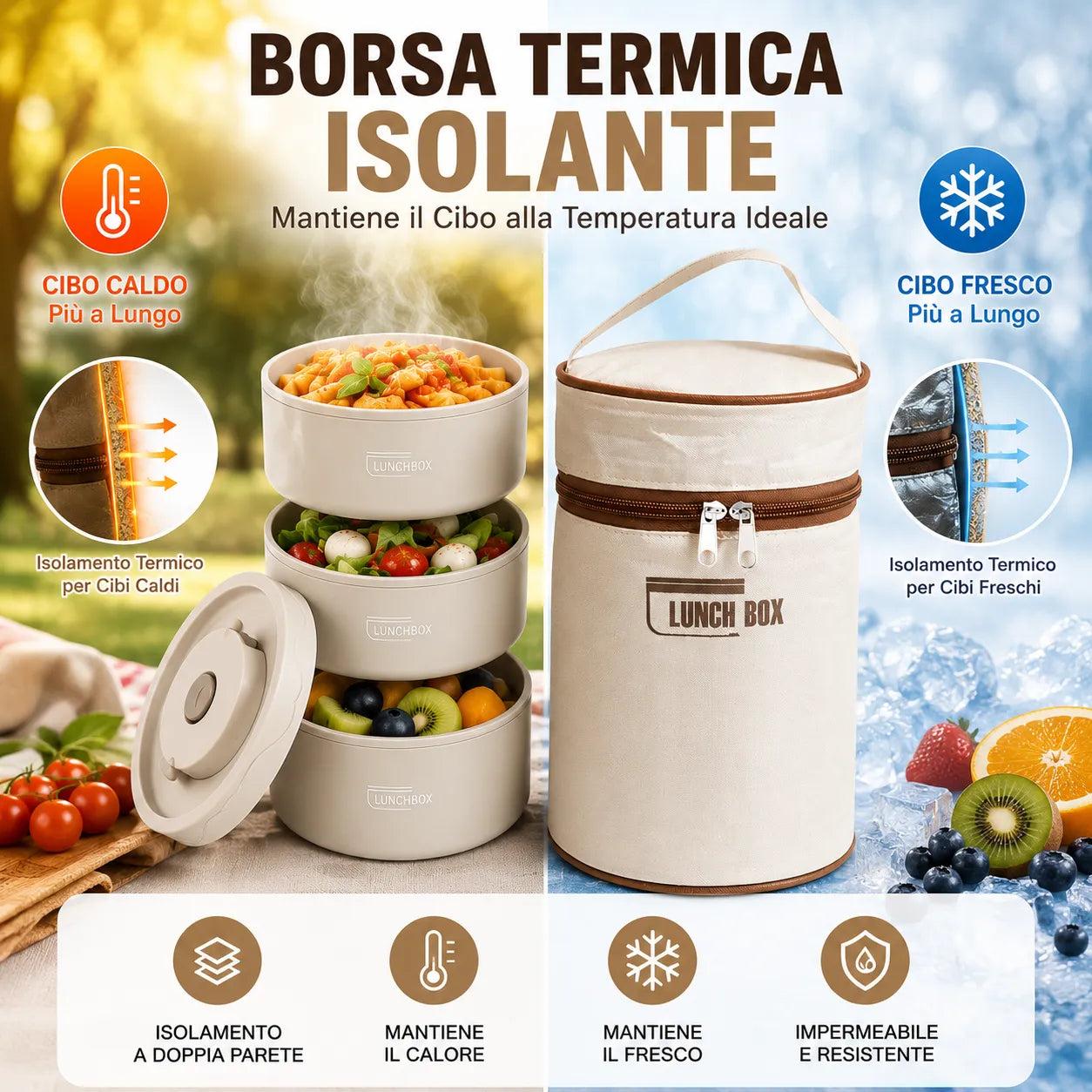 Lunch Box Termica Isotermica 1390 ML con 3 Contenitori in Acciaio Inox e Borsa Termica – Porta Pranzo con Cucchiaio e Bacchette per Ufficio, Scuola, Viaggi e Meal Prep