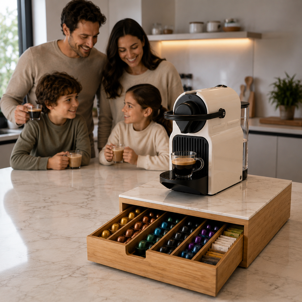Cassetto Portacapsule e Cialde in Bamboo con Piano in Vetro – Organizer Salvaspazio per Macchina Caffè – Nero Lucido o Marmo Bianco – Fino a 56 Capsule