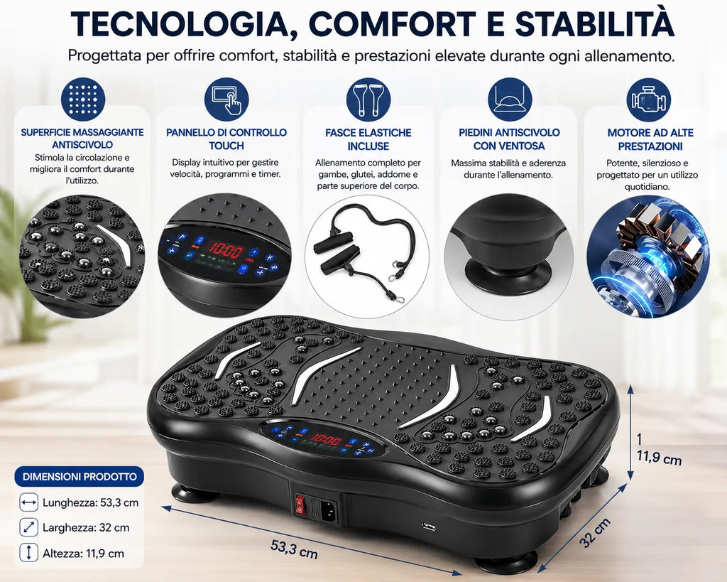 Pedana Vibrante Fitness Professionale con Bluetooth, Telecomando e Fasce Elastiche – 120 Livelli di Intensità, Allenamento Total Body, Massaggio Plantare, Tonificazione di Gambe, Glutei e Addome