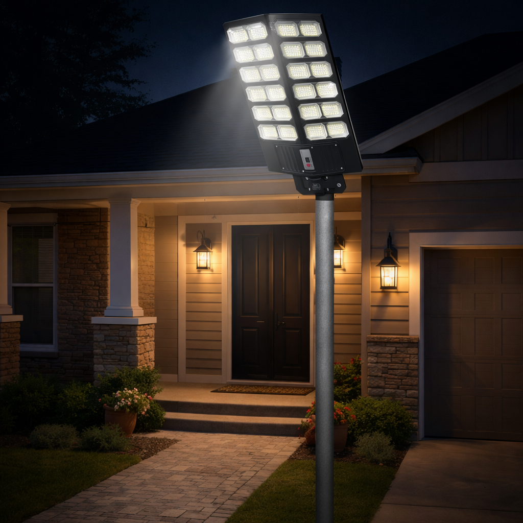 Lampione Solare LED 1500W con Telecomando – 18000mAh, Sensore Movimento, IP66 Impermeabile, Faro Stradale Esterno Alta Luminosità
