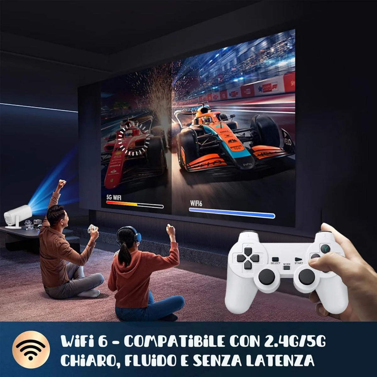 Proiettore Console 2 in 1 – Console Retro Portatile con Proiettore HD 4K, 36.000 Giochi, WiFi, Bluetooth e 2 Controller Wireless
