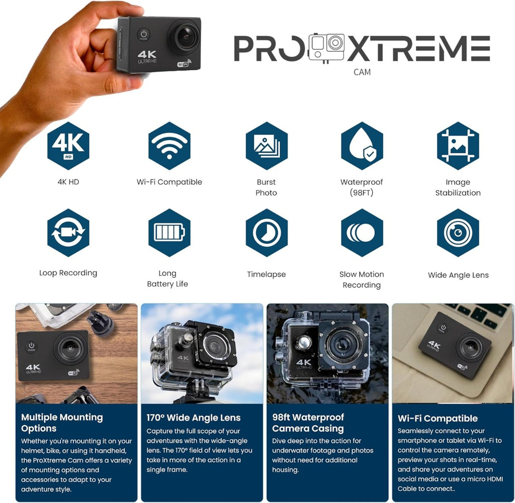Action Camera 4K Ultra HD 16MP Impermeabile fino a 30m con Wi-Fi, Grandangolo 170°, Display LCD 2"